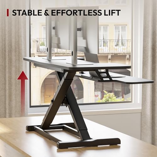 SANODESK 42" Extra Large Standing Desk Converter, Height Adjustable Sit Stand Riser with Wide Keyboard Tray, Dual Monitor Workstation for Home Office, Ergonomic Desktop Riser, Black