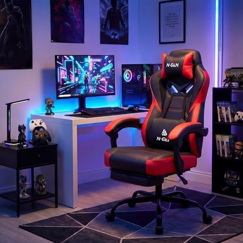 N-GEN GAMING Big & Tall Gaming Chair with Footrest, Lumbar Support, Red