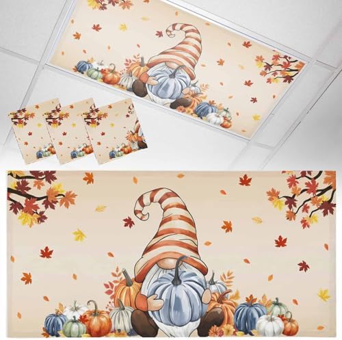 Thanksgiving Autumn Magnetic Fluorescent Light Covers for Ceiling Lights 2 x 4 Feet,Fall Gnomes Blue Pumpkin Maple Leaves Office Classroom Kitchen Drop Ceiling Light Covers Filters Shade Panel 3 Packs