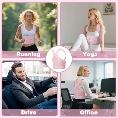 Posture Corrector for Women and Men,4 In 1 Adjustable Full Back Brace,Posture Braces Can Relieve Upper and Lower Back Pain, Shoulder Braces for Hunchback,Scoliosis, Lumbar Spine, Spine（Large Pink）