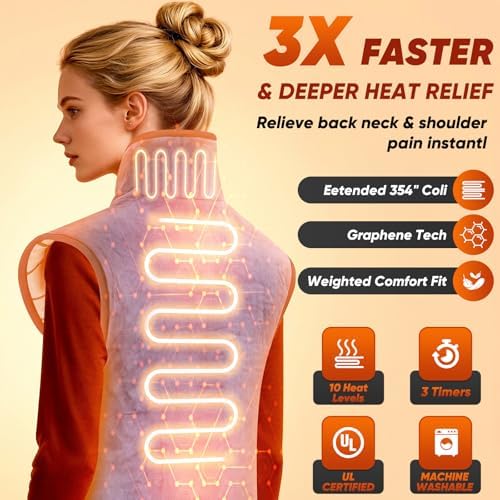 Heating Pad for Neck Shoulders and Back, Weighted Electric Graphene-Infused Heat Pads for Pain Relief, 24"x35" Large Full Body Heated Pad, 10 Levels Auto-Off, Birthday Gifts for Women, Men, Purple