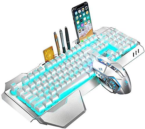 Wireless Keyboard and Mouse, Blue LED Backlit Rechargeable Keyboard with 3800mAh Battery, Metal Panel, Removable Hand Rest Mechanical Feel, 7 Color Gaming Mute Mouse for PC Gamers