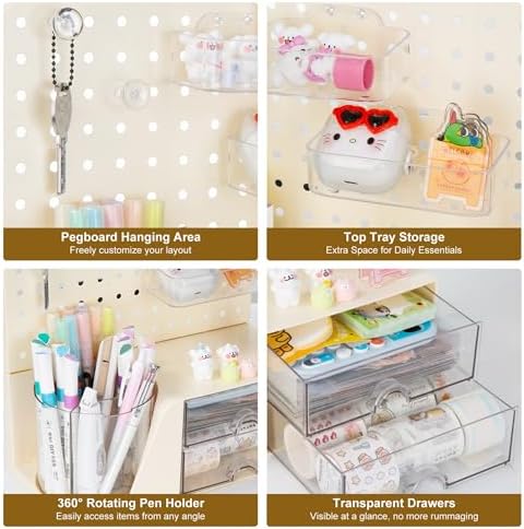 Comix Desk Organizer with 2 Drawer, Beige 360° Rotating Pen Holder for Desk