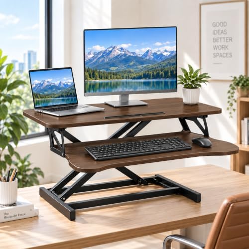 Standing Desk Converter, Adjustable Dual Monitor Riser, Walnut