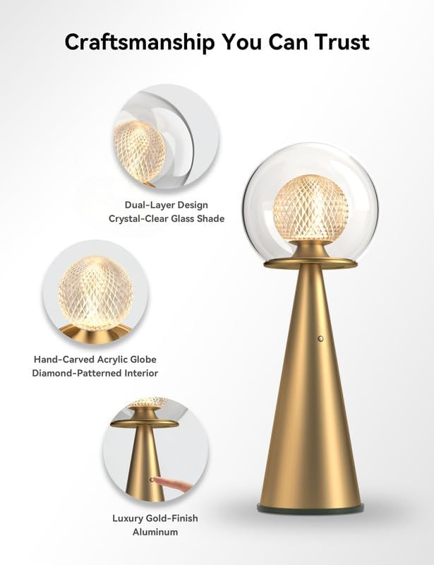 Tubicen Gold Cordless Table Lamp Rechargeable 8000mAh Portable Dual-Globe