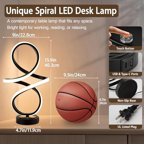 Modern Small Table Lamp with LED Spiral Design, 12W Black Nightstand Lamp