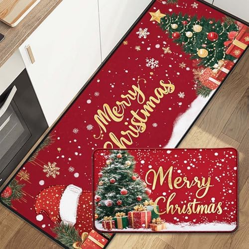 Kitchen Mats for Floor, 2PCS Waterproof Non-Slip Cushioned Anti Fatigue Red Kitchen Rugs Washable Absorbent Comfort Kitchen Floor Mat for Sink Farmhouse Laundry Home Office