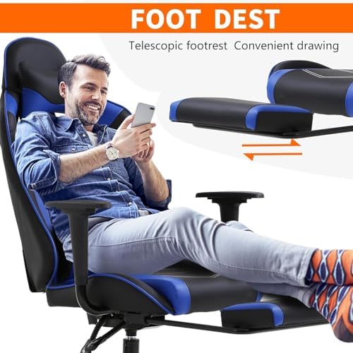 PC Gaming Chair with Footrest, Ergonomic Home Office Chair with Lumbar Support & Headrest Pillow, Blue