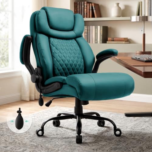 500LBS Big and Tall Executive Office Chair with Adjustable Lumbar Support,Extra Wide Seat for Ergonomic Computer Desk Chair Flip-up Arm,Home Office Chair Spring Cushion Upgraded Metal Base, PU Green