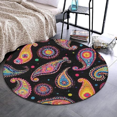 Home Decor Non Slip Kitchen Office Circle Rug, Machine Washable Modern Round Area Rug, Room Sofa Yoga Soft Round Carpet Colorful Paisley Art, 36inch