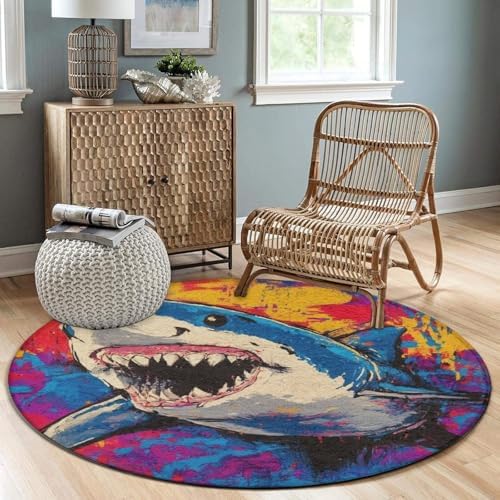 Home Decor Non Slip Kitchen Office Circle Rug, Machine Washable Modern Round Area Rug, Room Sofa Yoga Soft Round Carpet Cute Shark Graffiti Art, 36inch