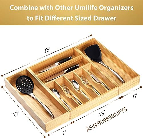 Umilife Bamboo Kitchen Utensils Organizer, Extra Long High Silverware Drawer Holder, Flatware Cutlery Storage Box, Multi-Use Drawer Divider in Office, Bathroom, Pantry - 17"x6"x2.5" (Set of 2)