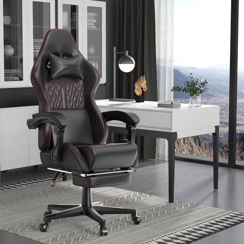 Ferghana Vintage PU Leather Gaming Chair, High Back Gamer Chair with Massage, Ergonomic Computer Office Chair with Footrest for Adults, Racing Style Reclining Video Game Chair Black