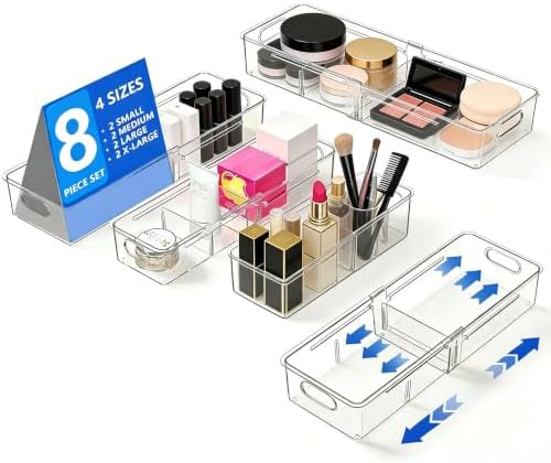 8 Pcs Expandable Drawer Organizer, Adjustable Desk Drawer Organizer with Dividers, 4-Sizes Plastic Storage Bins for Makeup, Kitchen, Bathroom Vanity, Office & Gadgets Drawer