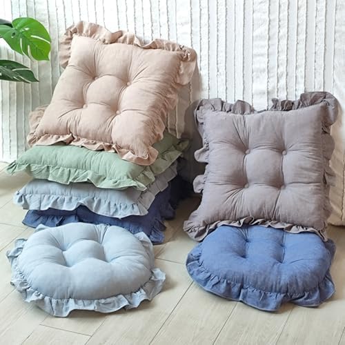 Tufted Cotton Chair Cushions Solid Color Soft Comfort Chair Pads with Ruffles Farmhouse Country Seat Cushions for Kitchen Indoor Dining Room Patio Chairs (Khaki,17"x17")