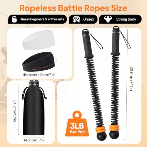 Ropeless Battle Ropes, Adjustable Weights Cordless Battle Ropes for Home Gym with Headbands, Portable Workout Workout Equipment for Small Spaces, Strength, HIIT and Low-Impact Cardio for Men & Women
