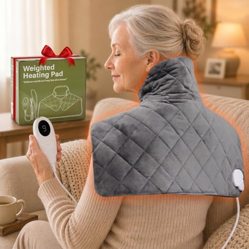 Shoulder Heating Pad for Neck and Shoulders and Back, Thanksgiving Gifts for Women, Birthday Gifts for Men Her, Weighted Heating Pad for Neck with 9 Heat Options 4 Auto-Off Timer, Grey