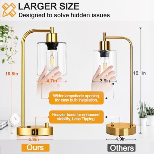 Lynnoland Set of 2 Industrial Table Lamps with USB Port, Gold Fully Stepless Dimmable Bedside Lamps for bedrooms, Nightstand Desk Lamp with Clear Glass Shade for Reading Living Room Office 2 LED Bulb