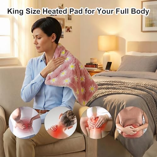 GOQO TOMO Heating Pad, 12 x 24 Inch, Pink Floral Pattern, Machine Washable, 8 Timer Settings, 12 Heat Levels, for Back Pain Relief-P01