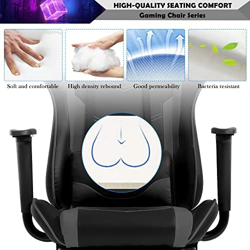 Grey Massage Gaming Chair with Footrest, PU Leather Gaming Chairs for Adults, High Back Office Chair Ergonomic Desk Chair Computer Chair, Reclining Gamer Chair, Height & Backrest Adjustable, 300 Lbs