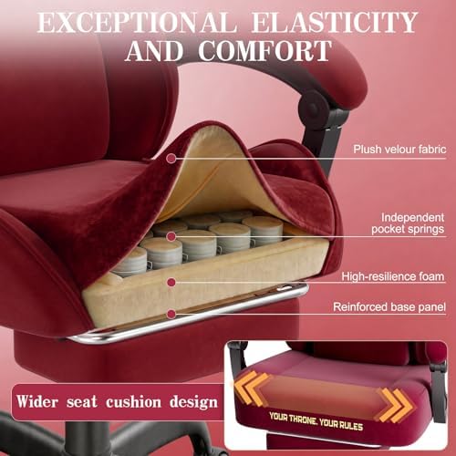 Ferghana Velvet Gaming Chair, 20.5 Inch Extra Wide Seat, Fire Embroidery Ergonomic High Back Computer Chair with Footrest, Massage Lumbar Support Reclining Gaming Chair for Adults, Red