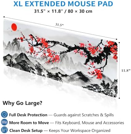 Extended Sakura Zen Desk Mat, XL Large Gaming Mouse Pad, Japanese Cherry Blossom Stitched Edges Waterproof with Non-Slip Rubber Base for Computer Keyboard Laptop Work Home Office 31.5"x11.8"