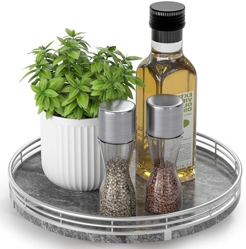 AHM10-Inch Gray Marble Lazy Susan with Silver Iron Frame