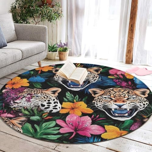 Machine Washable Modern Round Area Rug, Room Sofa Yoga Soft Round Carpet, Home Decor Non Slip Kitchen Office Circle Rug Jungle Florals Cheetah Leopard Print, 36inch