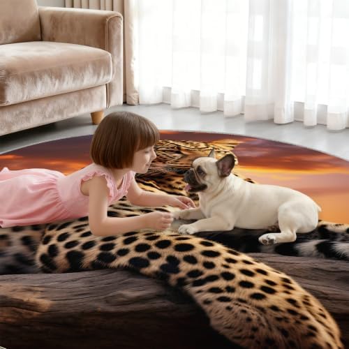 Leopard Round Rug - 6ft Washable Cheetah Print Round Area Rug for Living Room, Wildlife Circle Rugs Soft Non-Slip Carpet for Bedroom Dining Table Decor Mat
