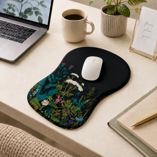 Ergonomic Mouse Pad with Wrist Rest, Mouse Pad with Memory Foam Massage Support, Non-Slip PU Base, Comfortable Typing Cushion for Home Office Computer Laptop, Flowers Grass