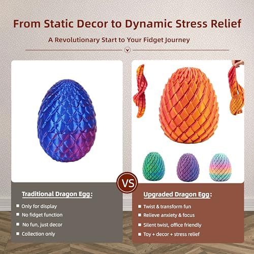 3D Printed Fidget Toy, Twisty Dragon Eggs, Spiral Slippery Egg Fidget Toy, Stress Relief Sensory Desk Toy for Adults and ADHD, Rotating Focus Anxiety Relief Pocket Toy (RedGold)