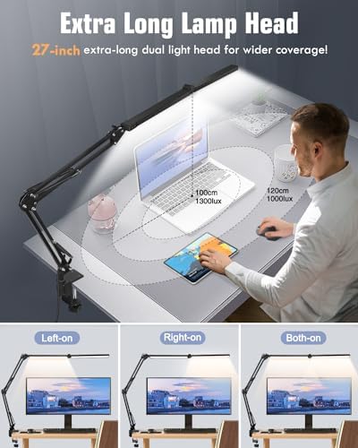 Toolour LED Desk Lamps for Home Office 2 in 1 Double Head Desk Lamp with Clamp Base,Remote Control,Dimmable Architect Clip on Desktop Computer Light Bar with Memory for Workbench Darkroom