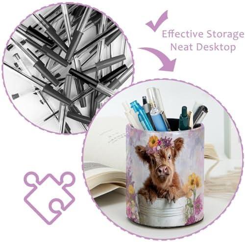 Leather Pen Holder for Desk, Highland Cow Purple Flower Pencil Cup Pen Organizer Makeup Brush Holder for Office Home Kids Countertop Desk Accessory Storage