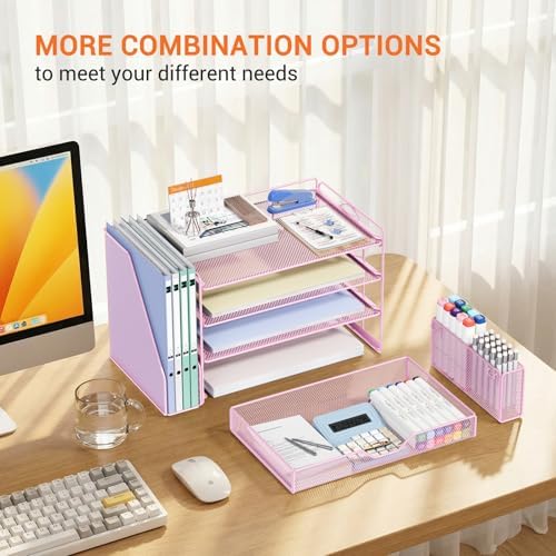 4-Tier Desk File Organizer with Drawer & Pen Holder (Pink)