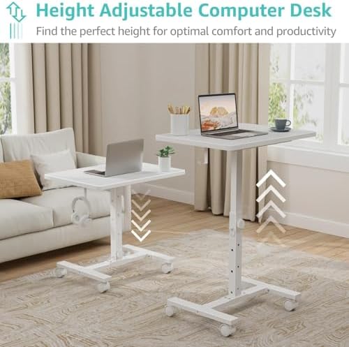 WINAZ Small Portable Rolling Desk Adjustable Height, 24 Inch Mobile Laptop Desk with Wheels for Dorm Room, C-Shaped Table for Sofa and Bed Side, Study Table for Students, White