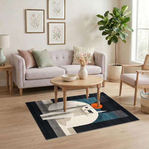 4'x6' Black White Cat Artistic Feline Design Washable Area Rug