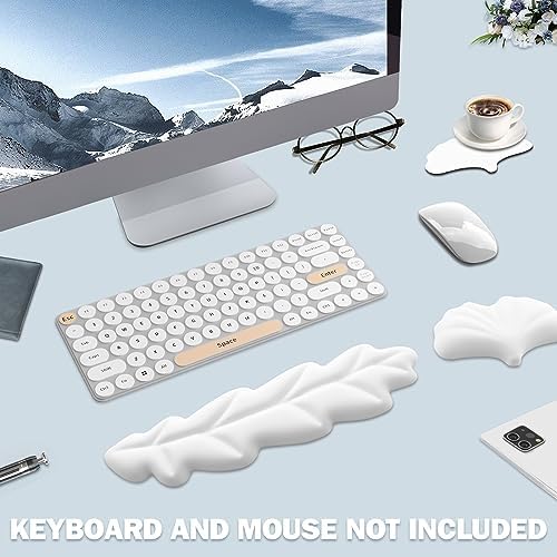Keyboard Wrist Rest Pad Set, Leaf Shape PU Leather Memory Foam Wrist Cushion Support,Mouse Wrist Rest Pad,Non-Slip Wrist Support for Easy Typing Pain Relief, White Leaf