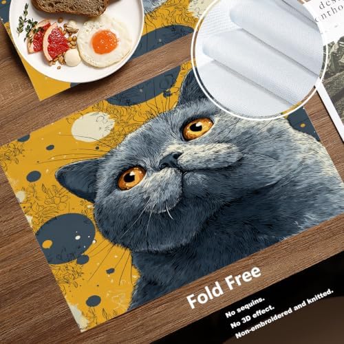 Batmerry Cute Cat Placemats, Gray Yellow Background Big Eyes Washable Linen Table Mats for Kitchen Table Double Insulation Decor Dining Set Indoor Outdoor 12X18 in Set of 6