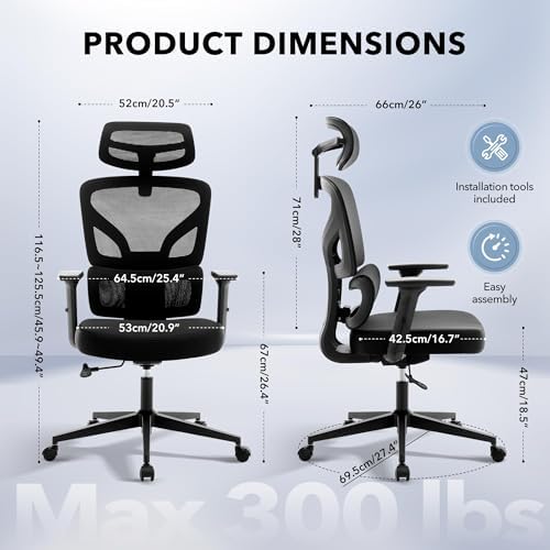 High Back Ergonomic Mesh Office Chair, 300LBS Heavy Duty Home Office Desk Chairs with Adjustable Lumbar Support,3D Armrest,Headrest, Comfortable Gaming Chair, Black