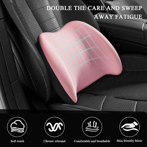 Car Lumbar Support Cushion, Ergonomic Memory Foam Car Back Support w/Removable Cover, Universal Breathable Lumbar Cushion Back Support Pillow with Adjusatble Strap (Pink)