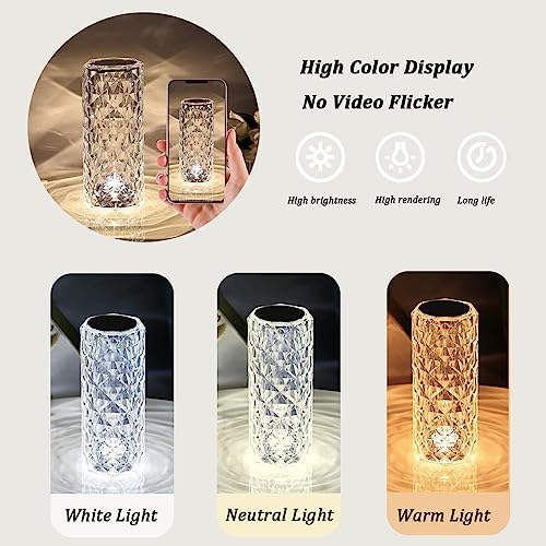Portable Crystal Table Lamp,3 Color Touch Control Rechargeable Lamp,Crystal Bedside Lamp,Night Light,Room Decor Desk Lamp,Bedroom,Living Room,Kitchen,Dining Room Lamp(White)