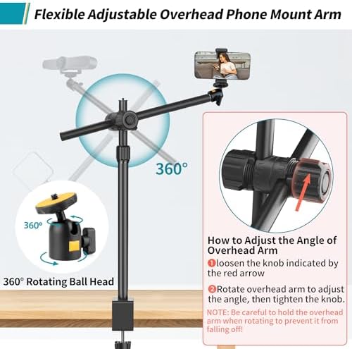Camera Desk Mount Webcam Stand with Overhead Articulating Magic Boom Arm 1/4" Ball Head for DSLR Tripod, Adjustable Light Stand, Tabletop C Clamp for Ring Light Photo Video Shooting Live Streaming