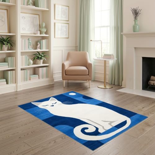 4'x6' Blue White Cat Sapphire Design Ultra-Soft Area Rug