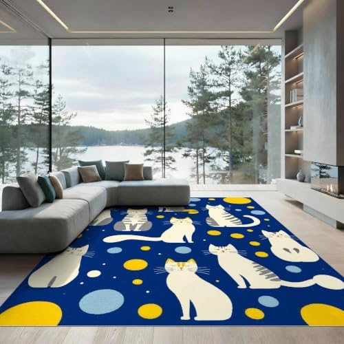 8'x10' Blue Yellow Cat Symphony with Golden Ultra-Soft Area Rug