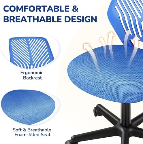 Yaheetech Small Desk Chair, Armless Adjustable Swivel Seat, Blue