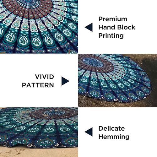 raajsee Turquoise Round Beach Tapestry Hippie/Boho Beach Blanket Mandala/Indian Cotton Throw - Round Tablecloth/Home Decor/Indie Rug Yoga Mat Meditation Picnic Rugs 127 CM / 50 INCHE Circle