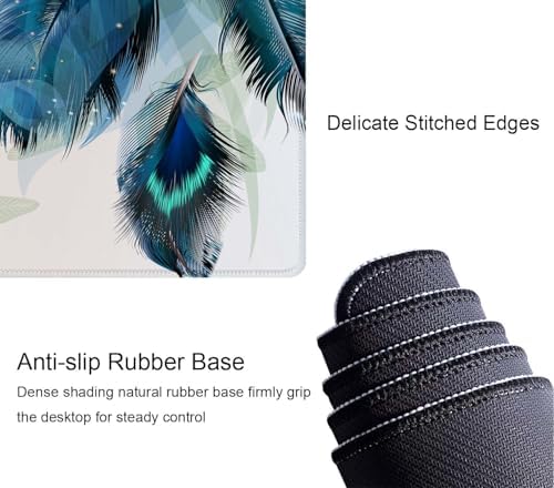 Large Gaming Mouse Pad with Stitched Edges, Desk Pad Extended Keyboard Mat, Non-Slip Rubber Base Mousepads for Laptop, Office, Home, 31.5X11.8 inch Watercolor Peacock Feather
