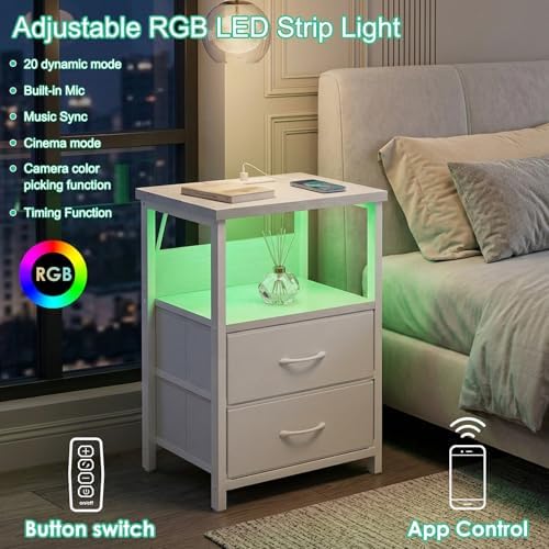 Fixwal Night Stand with Charging Station, White Led Nightstand, 2 Drawers