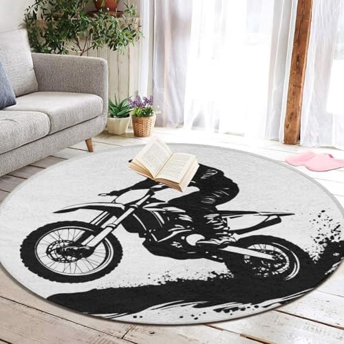 Men's Large Home Decor Mat, Soft Round Yoga Carpet, Non Slip Machine Washable Home Office Circle Rug Motocross Racer Extreme Sports Printed Dirt Bike