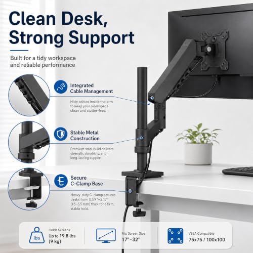Long Reach Monitor Arm, Single Arm Monitor Mount, 17-32 Inch, VESA